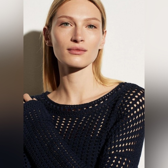 VINCE Crochet Crewneck Cotton Sweater - Navy - Picture 3 of 12